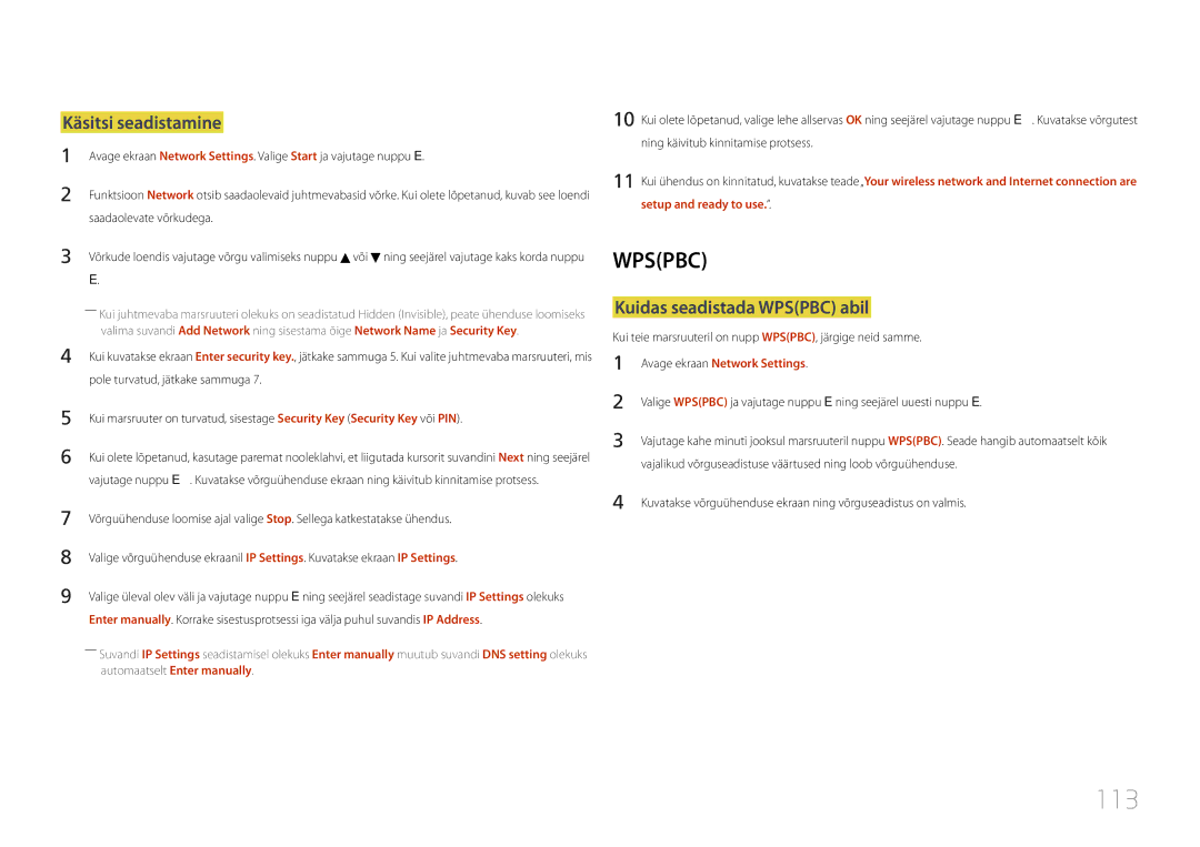 Samsung LH55MDCPLGC/EN manual 113, Käsitsi seadistamine, Kuidas seadistada Wpspbc abil, Avage ekraan Network Settings 