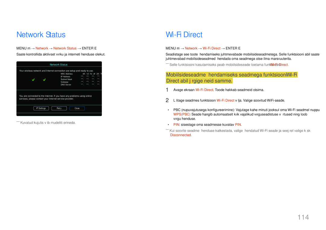 Samsung LH32MDCPLGC/EN, LH40MDCPLGC/EN, LH55MDCPLGC/EN Wi-Fi Direct, 114, Menu m → Network → Network Status → Enter E 