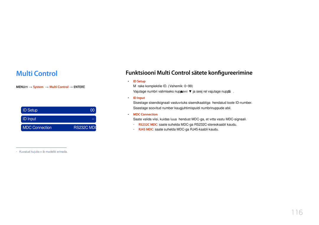 Samsung LH40MDCPLGC/EN, LH55MDCPLGC/EN, LH32MDCPLGC/EN manual System, Multi Control, 116, ID Setup ID Input MDC Connection 