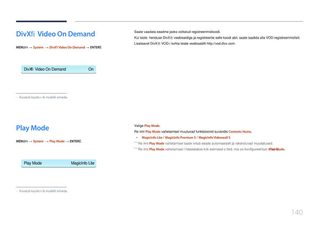 Samsung LH40MDCPLGC/EN, LH55MDCPLGC/EN manual 140, MENUm → System → DivX Video On Demand → Entere, Valige Play Mode 