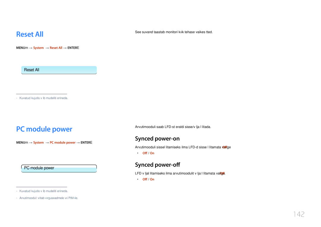 Samsung LH32MDCPLGC/EN, LH40MDCPLGC/EN, LH55MDCPLGC/EN Reset All, PC module power, 142, Synced power-on, Synced power-off 