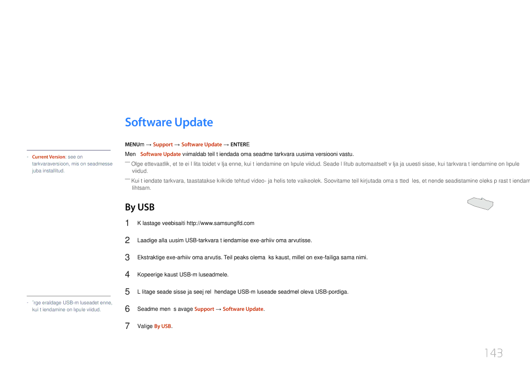 Samsung LH46MDCPLGC/EN, LH40MDCPLGC/EN, LH55MDCPLGC/EN Tugi, 143, By USB, MENUm → Support → Software Update → Entere 