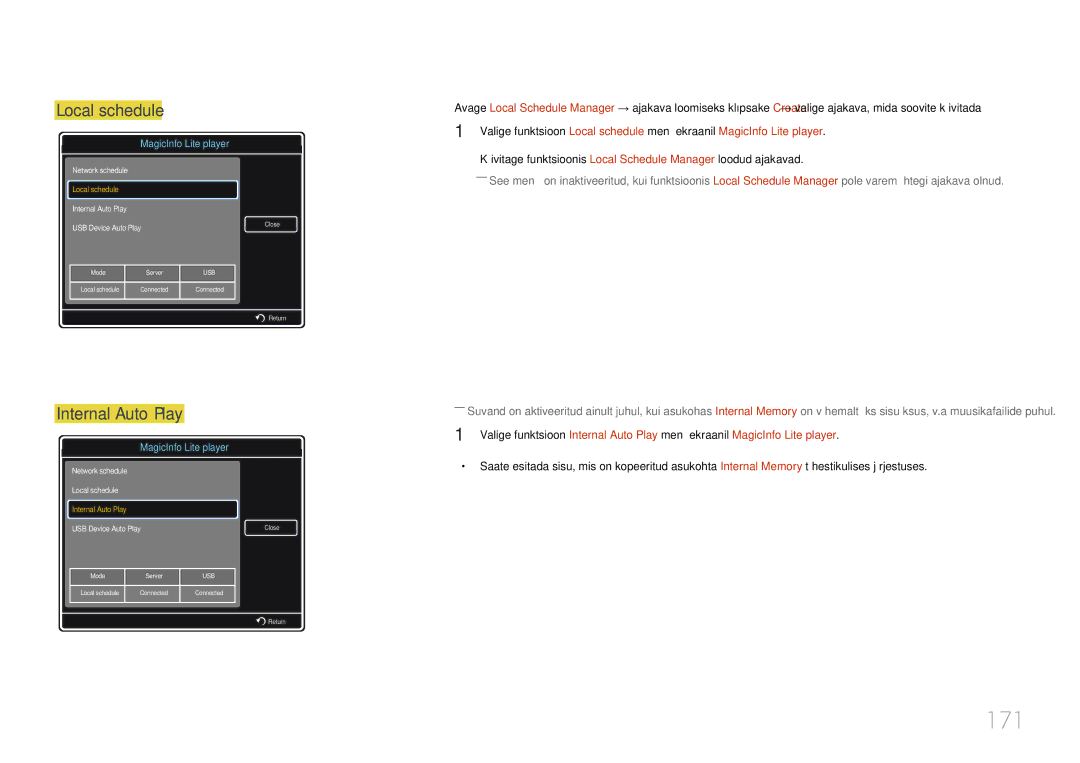 Samsung LH46MDCPLGC/EN, LH40MDCPLGC/EN, LH55MDCPLGC/EN, LH32MDCPLGC/EN manual 171, Local schedule, Internal Auto Play 