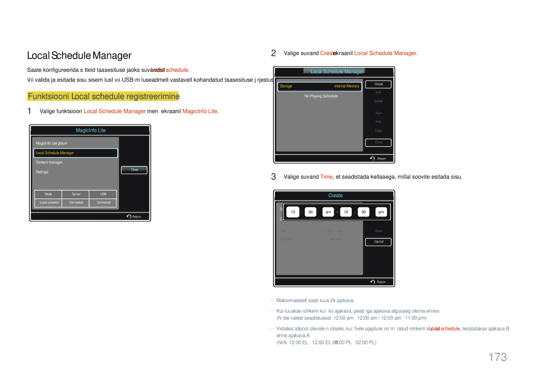 Samsung LH55MDCPLGC/EN, LH40MDCPLGC/EN manual 173, Local Schedule Manager, Funktsiooni Local schedule registreerimine 