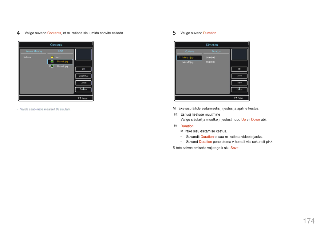 Samsung LH32MDCPLGC/EN, LH40MDCPLGC/EN, LH55MDCPLGC/EN, LH46MDCPLGC/EN manual 174, Valige suvand Duration 