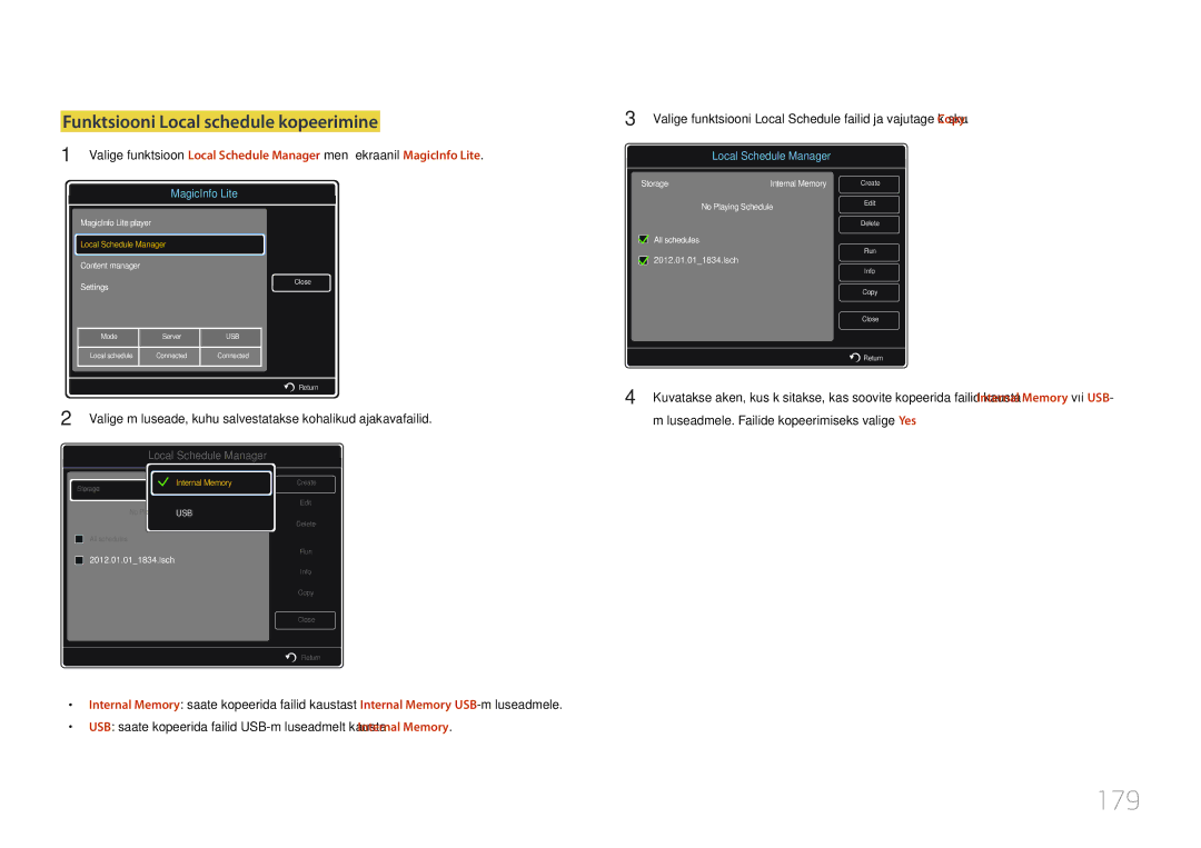 Samsung LH46MDCPLGC/EN manual 179, Funktsiooni Local schedule kopeerimine, Mäluseadmele. Failide kopeerimiseks valige Yes 