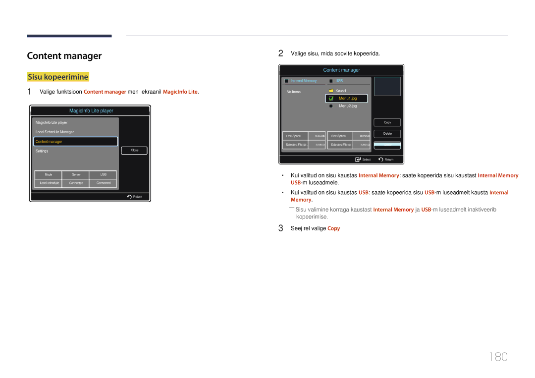 Samsung LH40MDCPLGC/EN, LH55MDCPLGC/EN, LH32MDCPLGC/EN manual 180, Content manager, Sisu kopeerimine, Seejärel valige Copy 