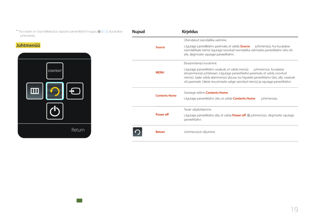 Samsung LH46MDCPLGC/EN manual Ühendatud sisendallika valimine, Juhtmenüüs. Kuvatakse, Power off, Paneeliklahvi, Return 