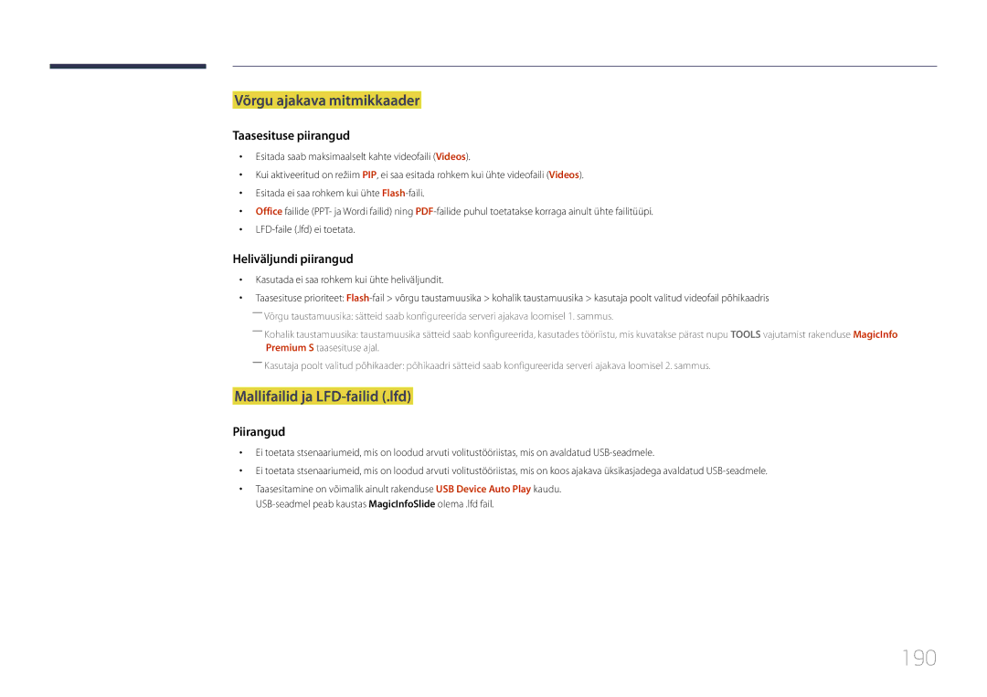 Samsung LH32MDCPLGC/EN, LH40MDCPLGC/EN, LH55MDCPLGC/EN manual 190, Võrgu ajakava mitmikkaader, Mallifailid ja LFD-failid .lfd 