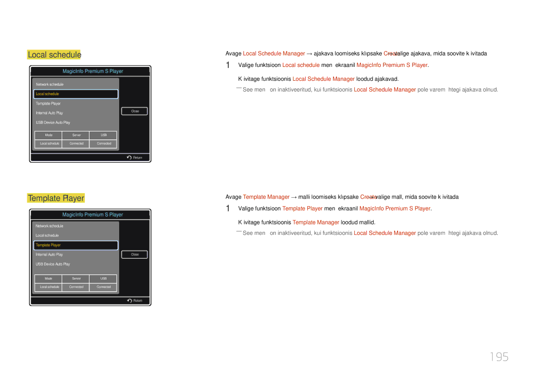 Samsung LH46MDCPLGC/EN, LH40MDCPLGC/EN manual 195, Template Player, Käivitage funktsioonis Template Manager loodud mallid 