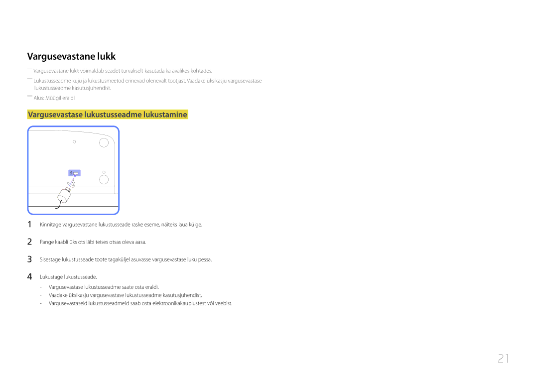 Samsung LH55MDCPLGC/EN, LH40MDCPLGC/EN, LH32MDCPLGC/EN manual Vargusevastane lukk, Vargusevastase lukustusseadme lukustamine 