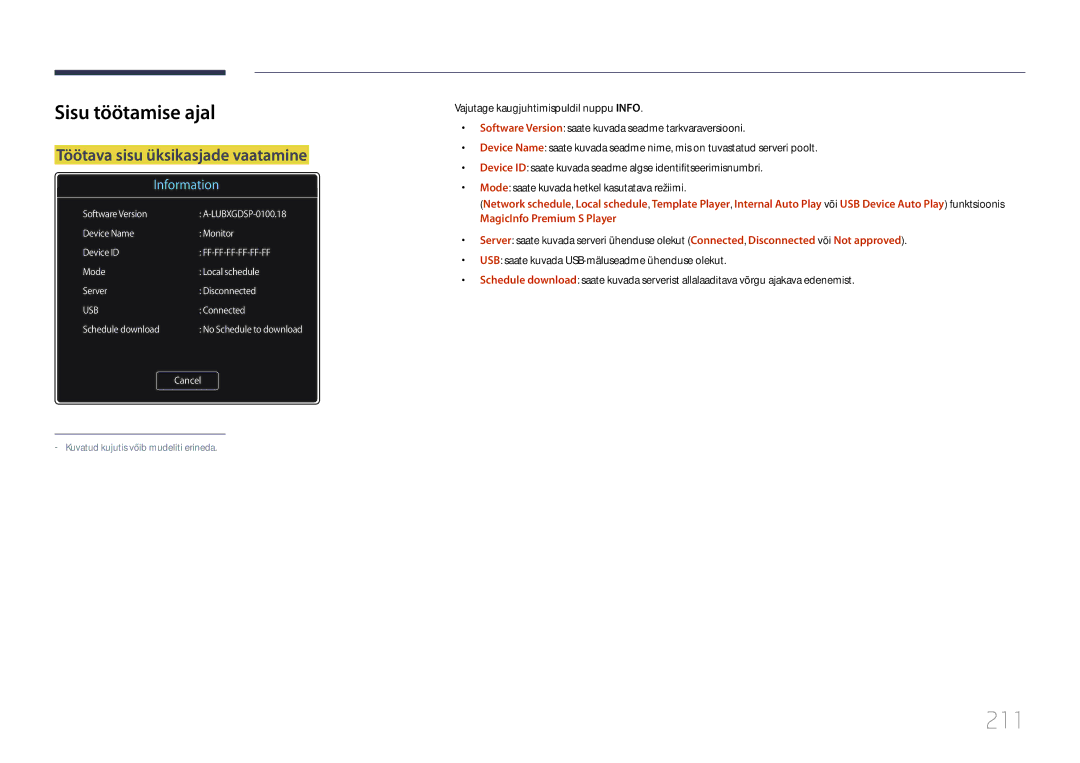 Samsung LH46MDCPLGC/EN, LH40MDCPLGC/EN, LH55MDCPLGC/EN, LH32MDCPLGC/EN manual 211, Sisu töötamise ajal 