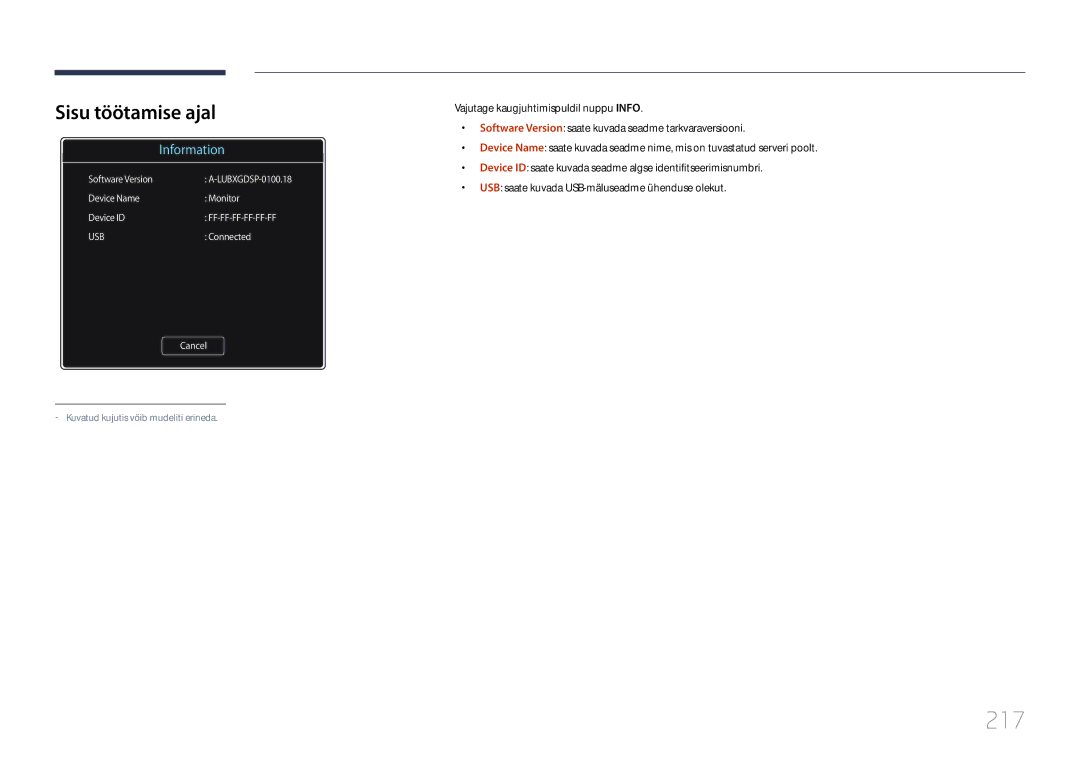 Samsung LH55MDCPLGC/EN, LH40MDCPLGC/EN, LH32MDCPLGC/EN, LH46MDCPLGC/EN manual 217, Sisu töötamise ajal 