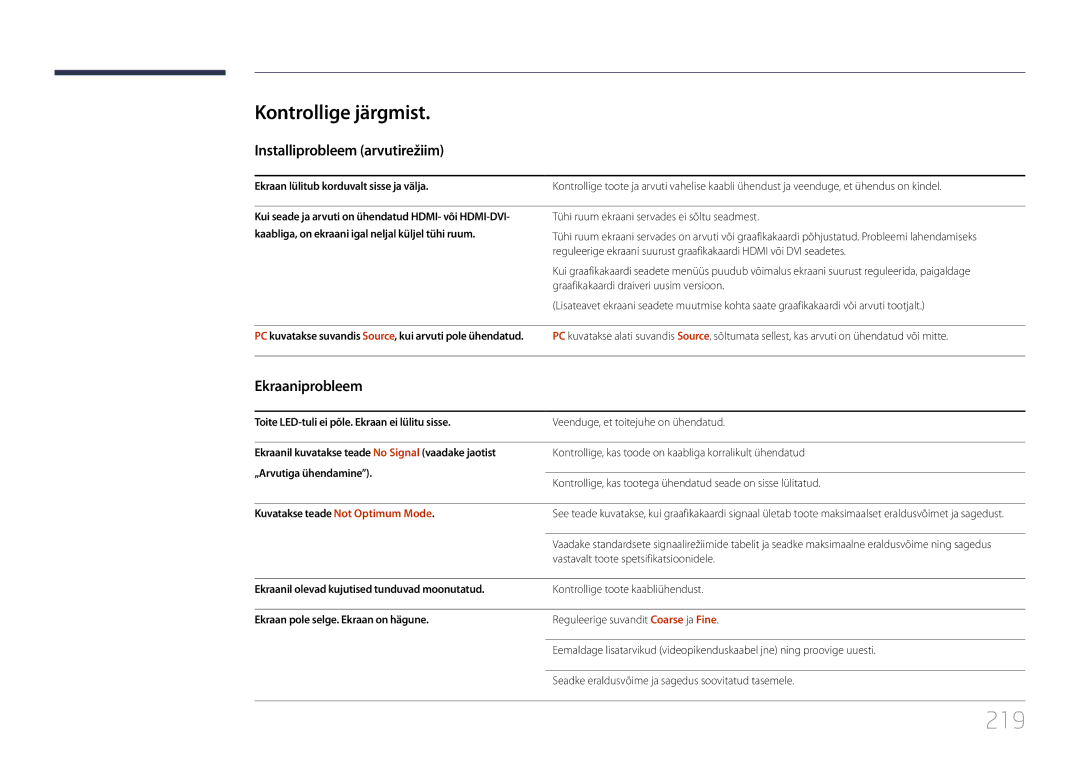 Samsung LH46MDCPLGC/EN, LH40MDCPLGC/EN manual 219, Kontrollige järgmist, Installiprobleem arvutirežiim, Ekraaniprobleem 