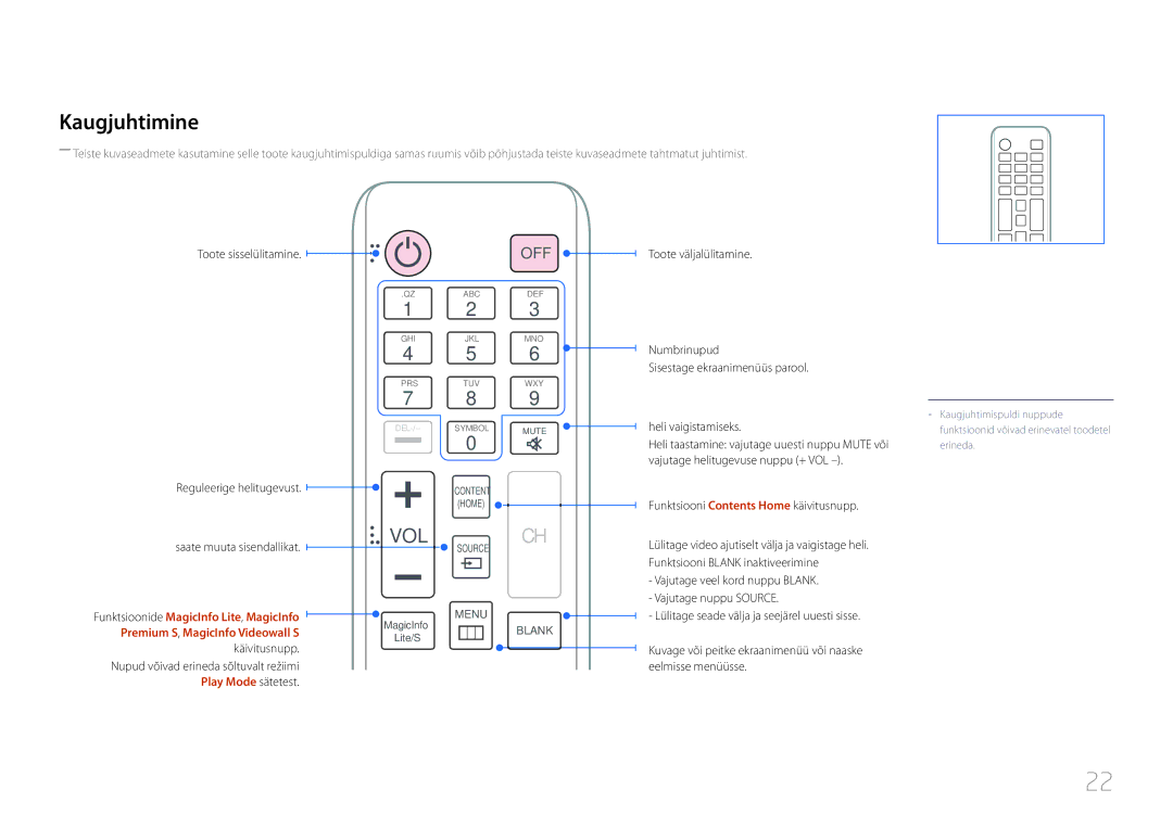 Samsung LH32MDCPLGC/EN manual Kaugjuhtimine, Toote sisselülitamine, Toote väljalülitamine Reguleerige helitugevust 