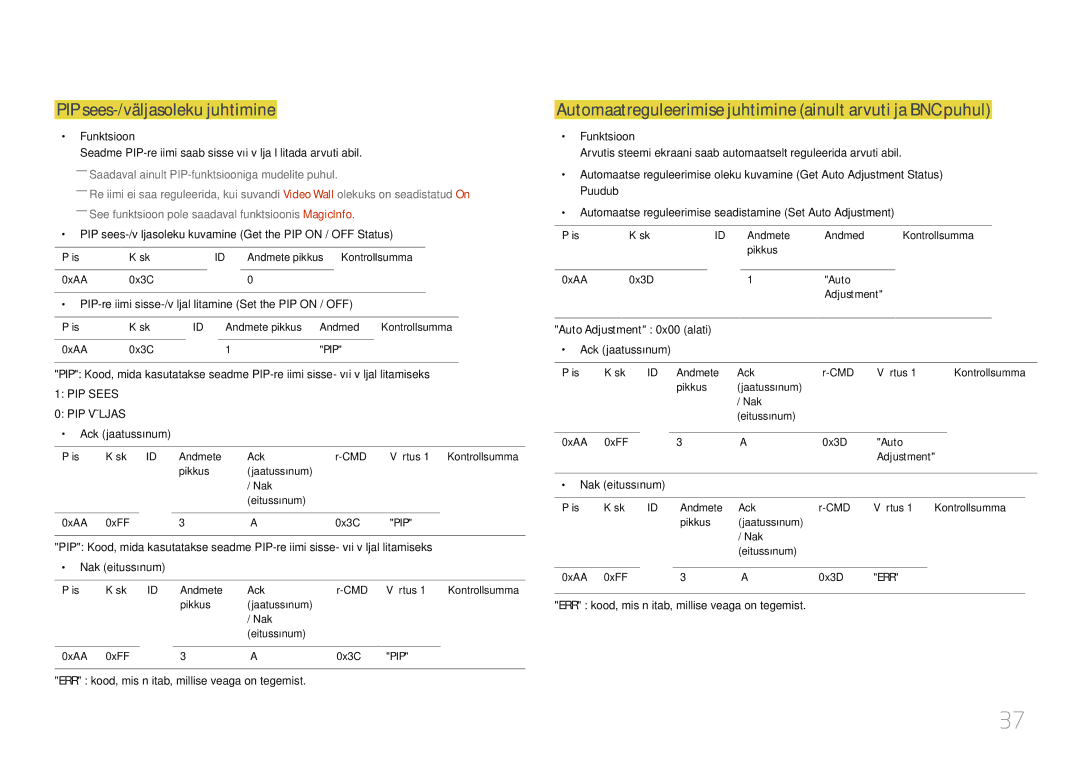 Samsung LH55MDCPLGC/EN manual PIP sees-/väljasoleku juhtimine, Automaatreguleerimise juhtimine ainult arvuti ja BNC puhul 