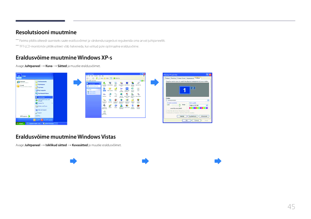 Samsung LH55MDCPLGC/EN Resolutsiooni muutmine, Eraldusvõime muutmine Windows XP-s, Eraldusvõime muutmine Windows Vistas 