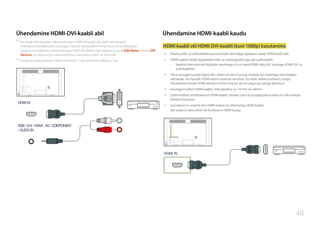 Samsung LH40MDCPLGC/EN, LH55MDCPLGC/EN Ühendamine HDMI-kaabli kaudu, HDMI-kaabli või HDMI-DVI-kaabli kuni 1080p kasutamine 