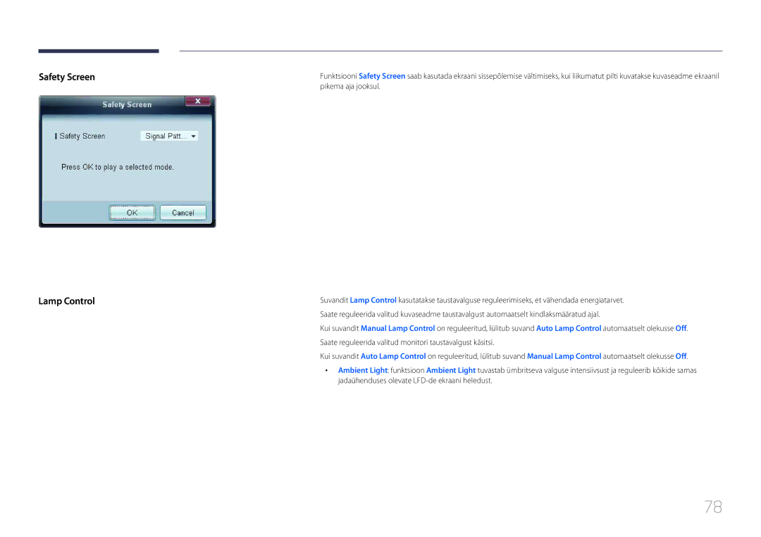 Samsung LH32MDCPLGC/EN, LH40MDCPLGC/EN, LH55MDCPLGC/EN, LH46MDCPLGC/EN manual Safety Screen Lamp Control 
