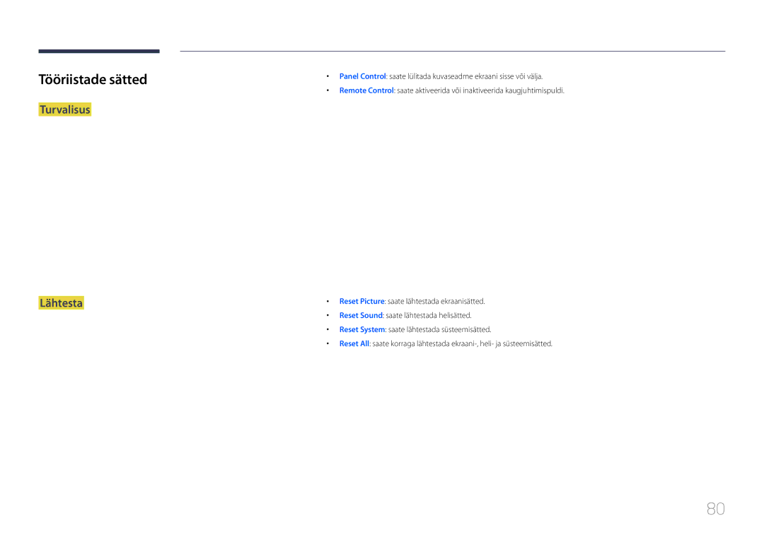 Samsung LH40MDCPLGC/EN, LH55MDCPLGC/EN, LH32MDCPLGC/EN, LH46MDCPLGC/EN manual Tööriistade sätted, Turvalisus Lähtesta 