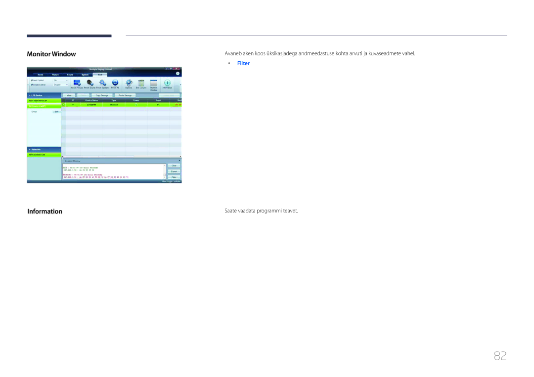 Samsung LH32MDCPLGC/EN, LH40MDCPLGC/EN, LH55MDCPLGC/EN manual Monitor Window Information, Saate vaadata programmi teavet 