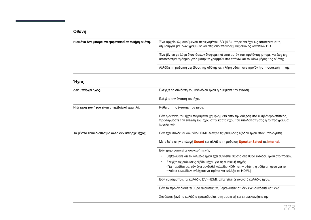 Samsung LH46MDCPLGC/EN, LH40MDCPLGC/EN, LH55MDCPLGC/EN manual 223, Δεν υπάρχει ήχος, Ένταση του ήχου είναι υπερβολικά χαμηλή 