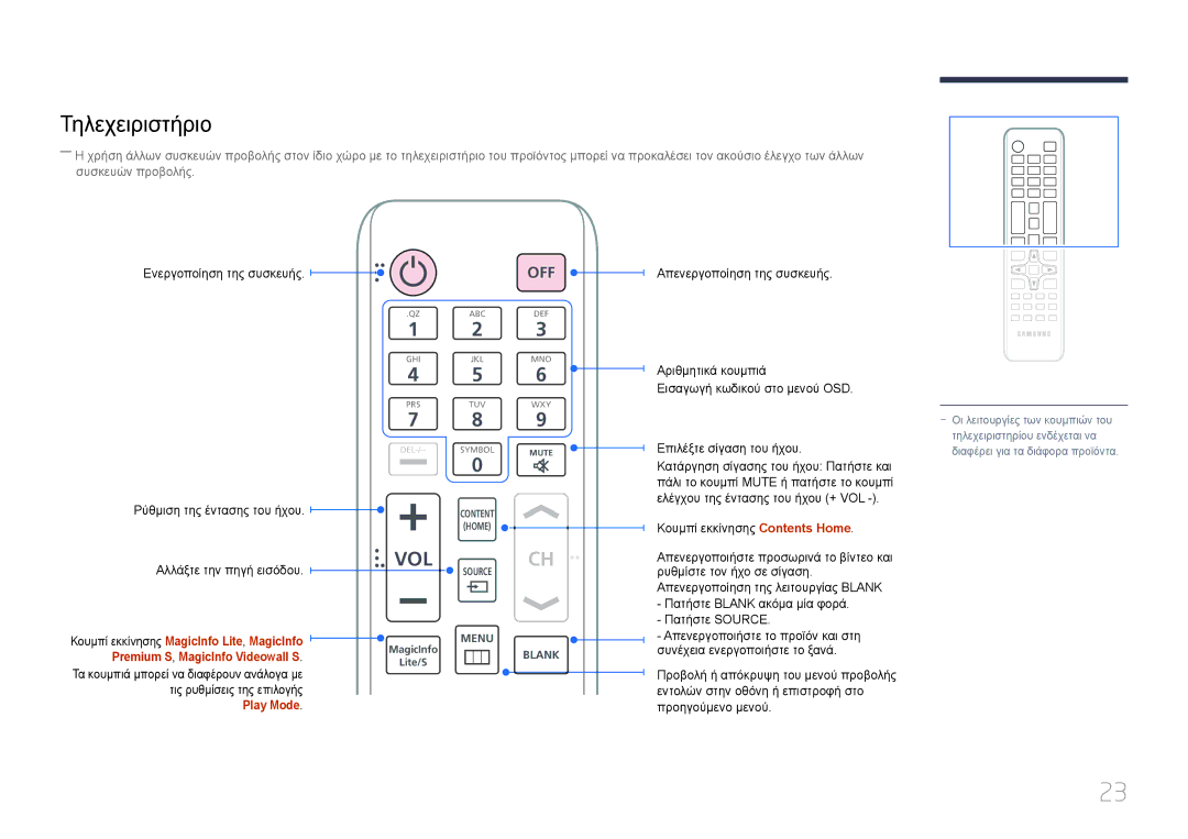 Samsung LH46MDCPLGC/EN, LH40MDCPLGC/EN, LH55MDCPLGC/EN, LH32MDCPLGC/EN manual Τηλεχειριστήριο, Off 