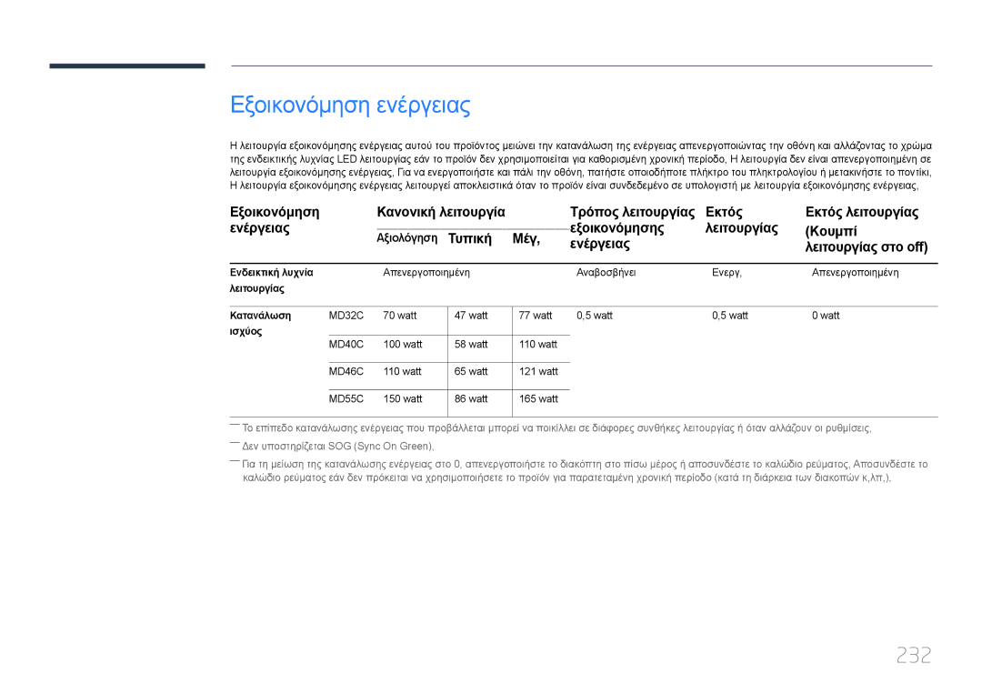 Samsung LH40MDCPLGC/EN, LH55MDCPLGC/EN, LH32MDCPLGC/EN, LH46MDCPLGC/EN manual Εξοικονόμηση ενέργειας, 232 