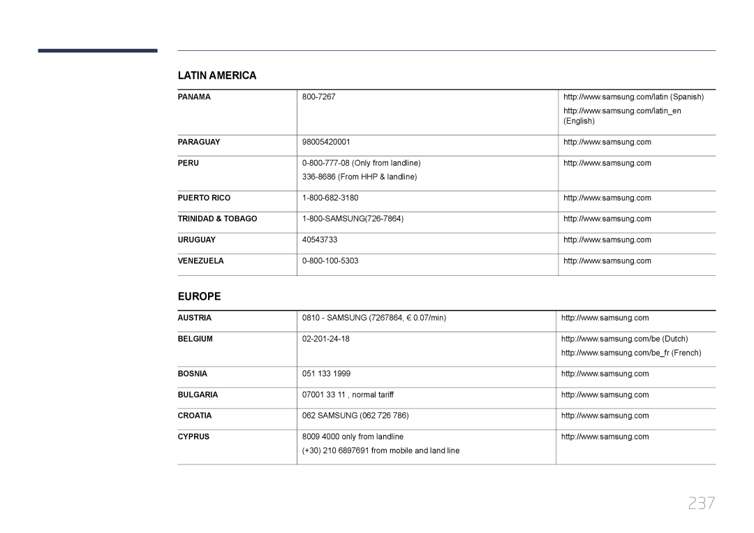 Samsung LH55MDCPLGC/EN, LH40MDCPLGC/EN, LH32MDCPLGC/EN, LH46MDCPLGC/EN manual 237, Europe 