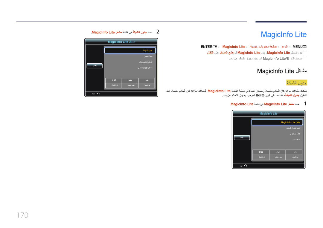 Samsung LH40MDCPLGC/UE, LH40MDCPLGC/HD, LH46MDCPLGC/NG, LH40MDCPLGC/NG manual 170, MagicInfo Lite لغشم, ةكبشلا لودج 