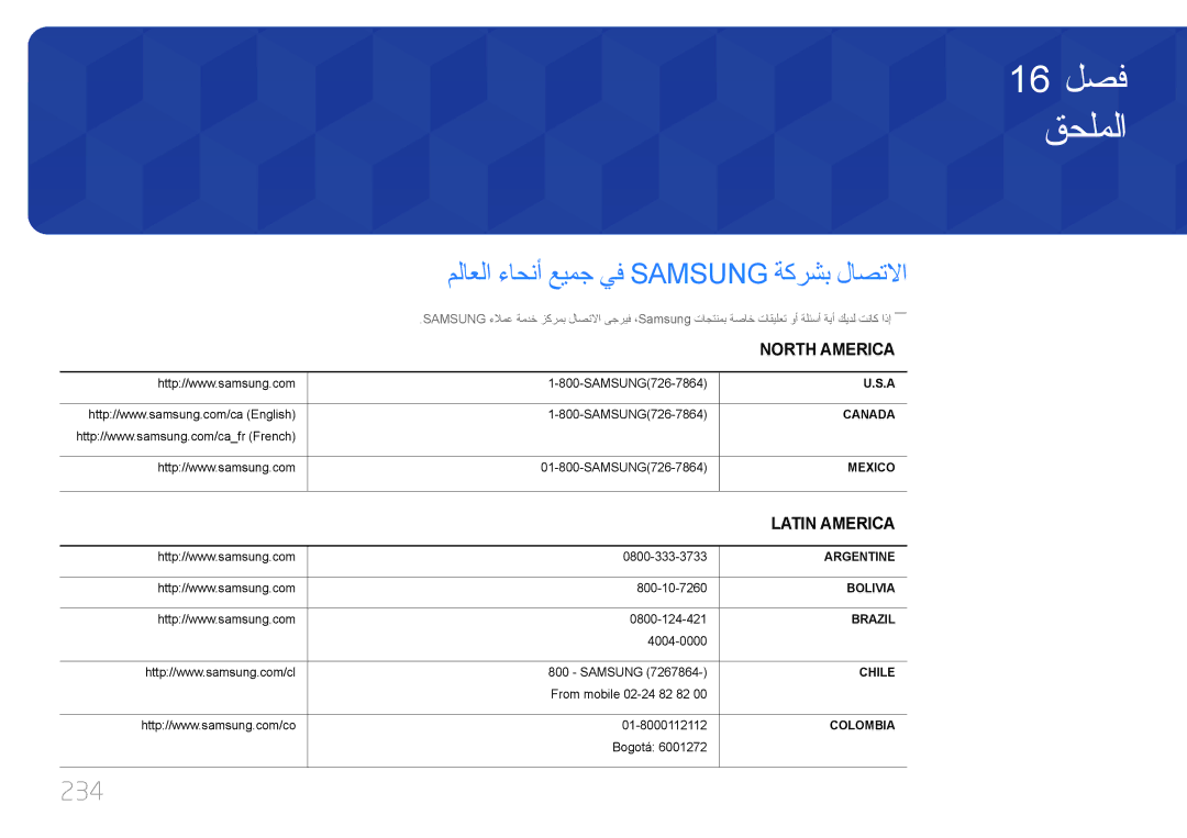 Samsung LH40MDCPLGC/HD, LH46MDCPLGC/NG, LH40MDCPLGC/NG manual قحلملا, ملاعلا ءاحنأ عيمج يف Samsung ةكرشب لاصتلاا, 234 