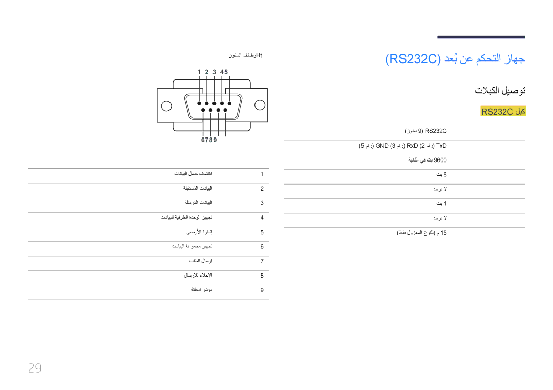 Samsung LH40MDCPLGC/NG, LH40MDCPLGC/HD, LH46MDCPLGC/NG RS232C دعبُنع مكحتلا زاهج, تلابكلا ليصوت, RS232C لبك, ةراشلإا نسلا 