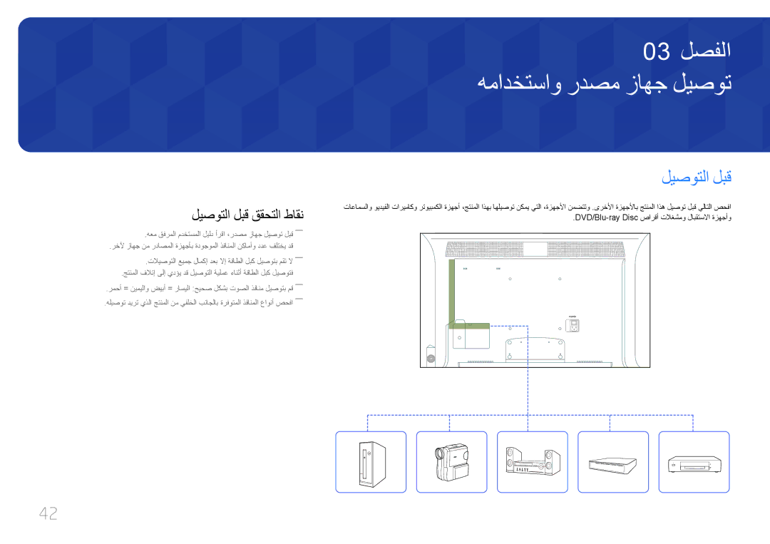 Samsung LH55MDCPLGC/NG, LH40MDCPLGC/HD, LH46MDCPLGC/NG manual همادختساو ردصم زاهج ليصوت, ليصوتلا لبق ققحتلا طاقن 