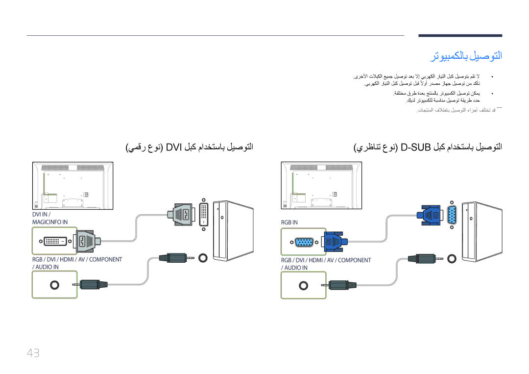 Samsung LH55MDCPLGC/UE manual رتويبمكلاب ليصوتلا, يمقر عون Dvi لبك مادختساب ليصوتلا, يرظانت عون D-Sub لبك مادختساب ليصوتلا 