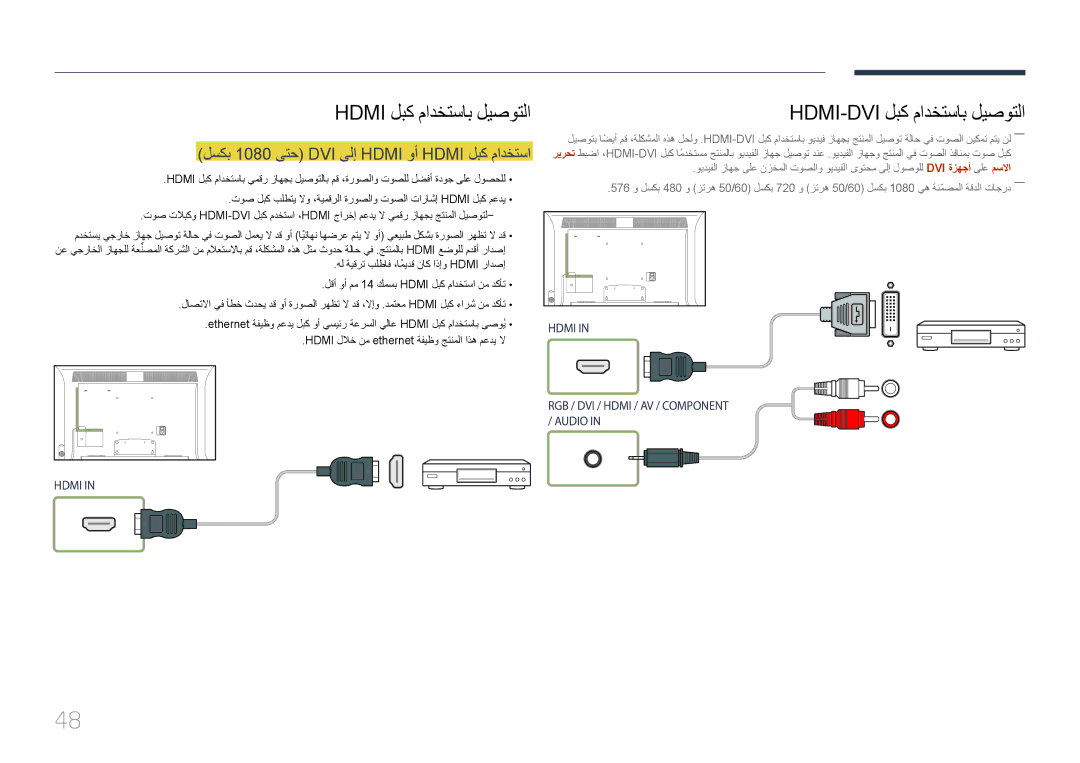 Samsung LH32MDCPLGC/UE, LH40MDCPLGC/HD manual Hdmi-Dvi لبك مادختساب ليصوتلا, لسكب 1080 ىتح DVI ىلإ Hdmi وأ Hdmi لبك مادختسا 