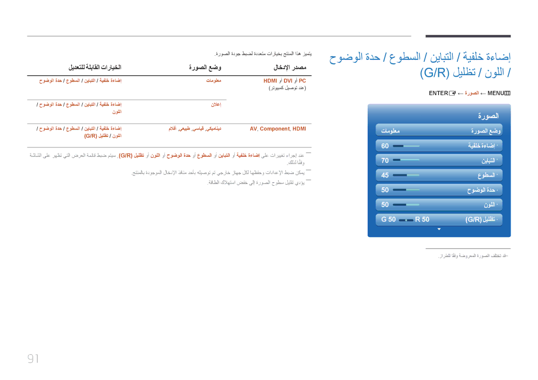 Samsung LH46MDCPLGC/NG ليدعتلل ةلباقلا تارايخلا ةروصلا عضو لاخدلإا ردصم, ةروصلا ةدوج طبضل ةددعتم تارايخب جتنملا اذه زيمتي 