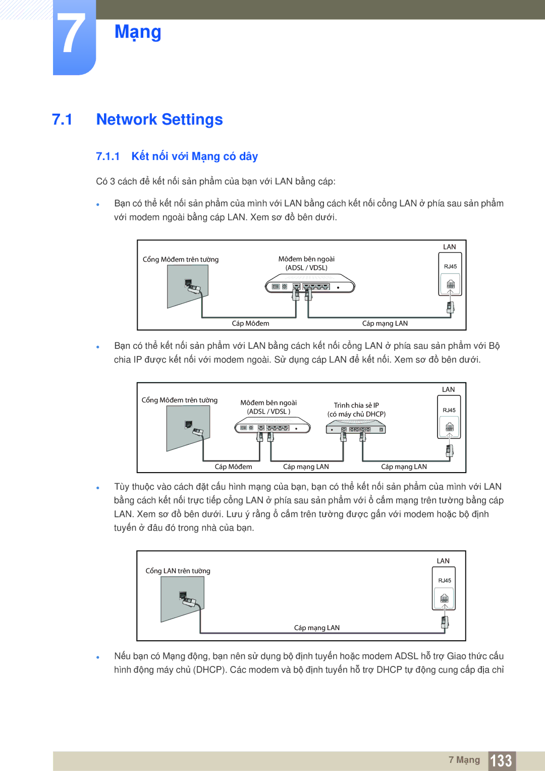 Samsung LH40MEBPLGC/XY, LH46MEBPLGC/XY, LH55MEBPLGC/XY, LH55MEBPLGC/XS manual Network Settings, 1 Kết nối với Mạng có dây 