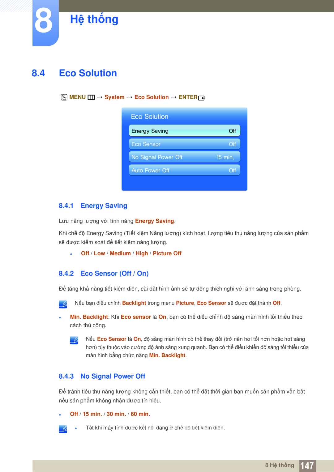 Samsung LH40MEBPLGC/XY, LH46MEBPLGC/XY manual Eco Solution, Energy Saving, Eco Sensor Off / On, No Signal Power Off 