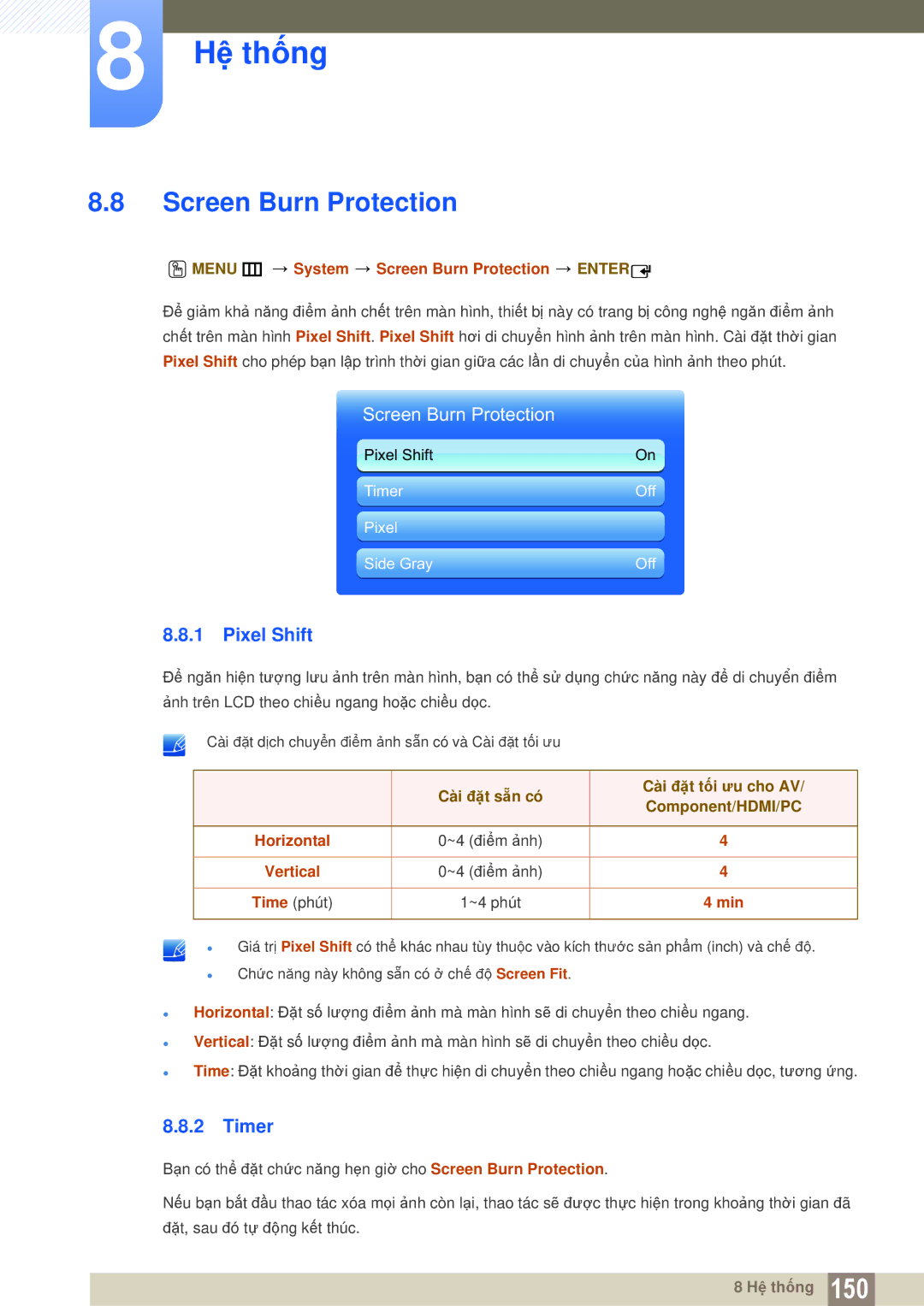 Samsung LH55MEBPLGC/XS, LH40MEBPLGC/XY, LH46MEBPLGC/XY, LH55MEBPLGC/XY manual Screen Burn Protection, Pixel Shift, Timer 