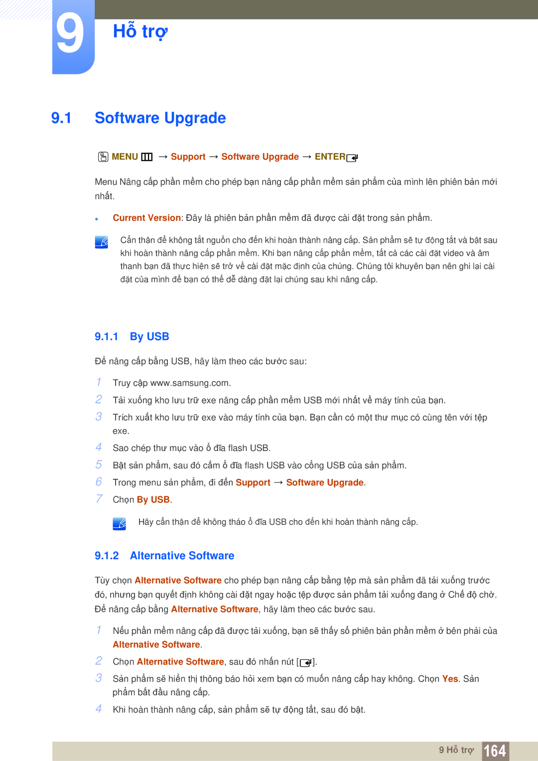 Samsung LH55MEBPLGC/XS, LH40MEBPLGC/XY Hỗ trợ, By USB, Alternative Software, Menu m Support Software Upgrade Enter 