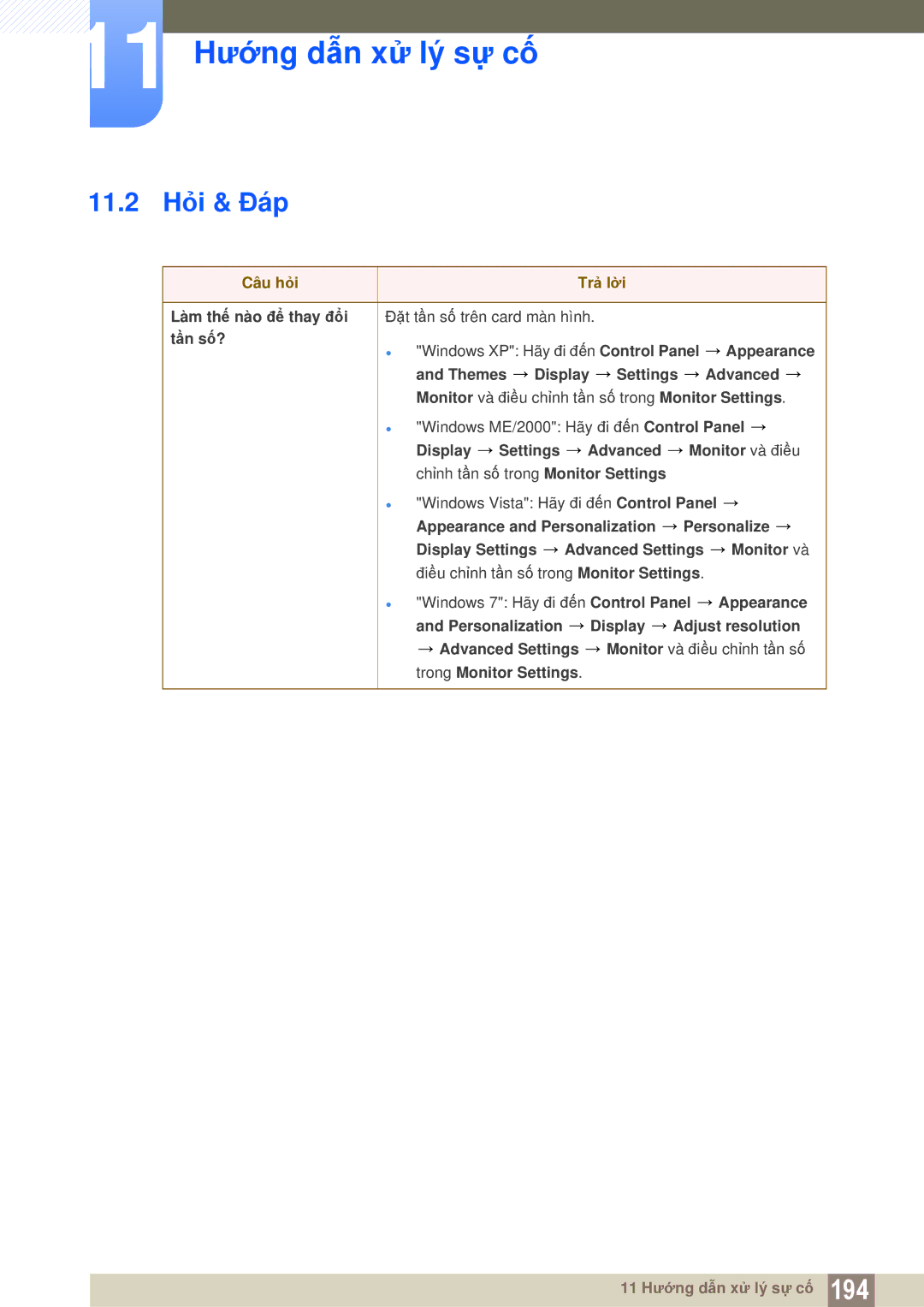 Samsung LH32MEBPLGC/XY, LH40MEBPLGC/XY, LH46MEBPLGC/XY, LH55MEBPLGC/XY, LH55MEBPLGC/XS manual 11.2 Hỏi & Đáp, Câu hỏi Trả lời 