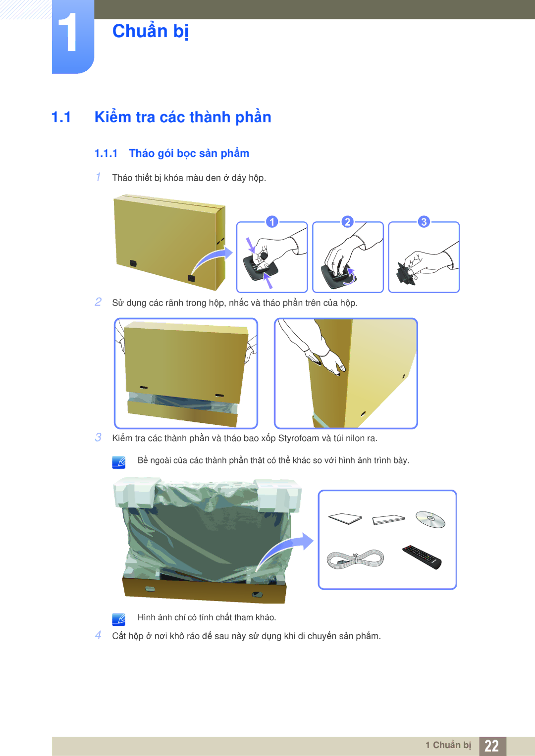 Samsung LH46MEBPLGC/XY, LH40MEBPLGC/XY, LH55MEBPLGC/XY manual Chuẩn bị, Kiểm tra các thành phần, 1 Tháo gói bọc sản phẩm 