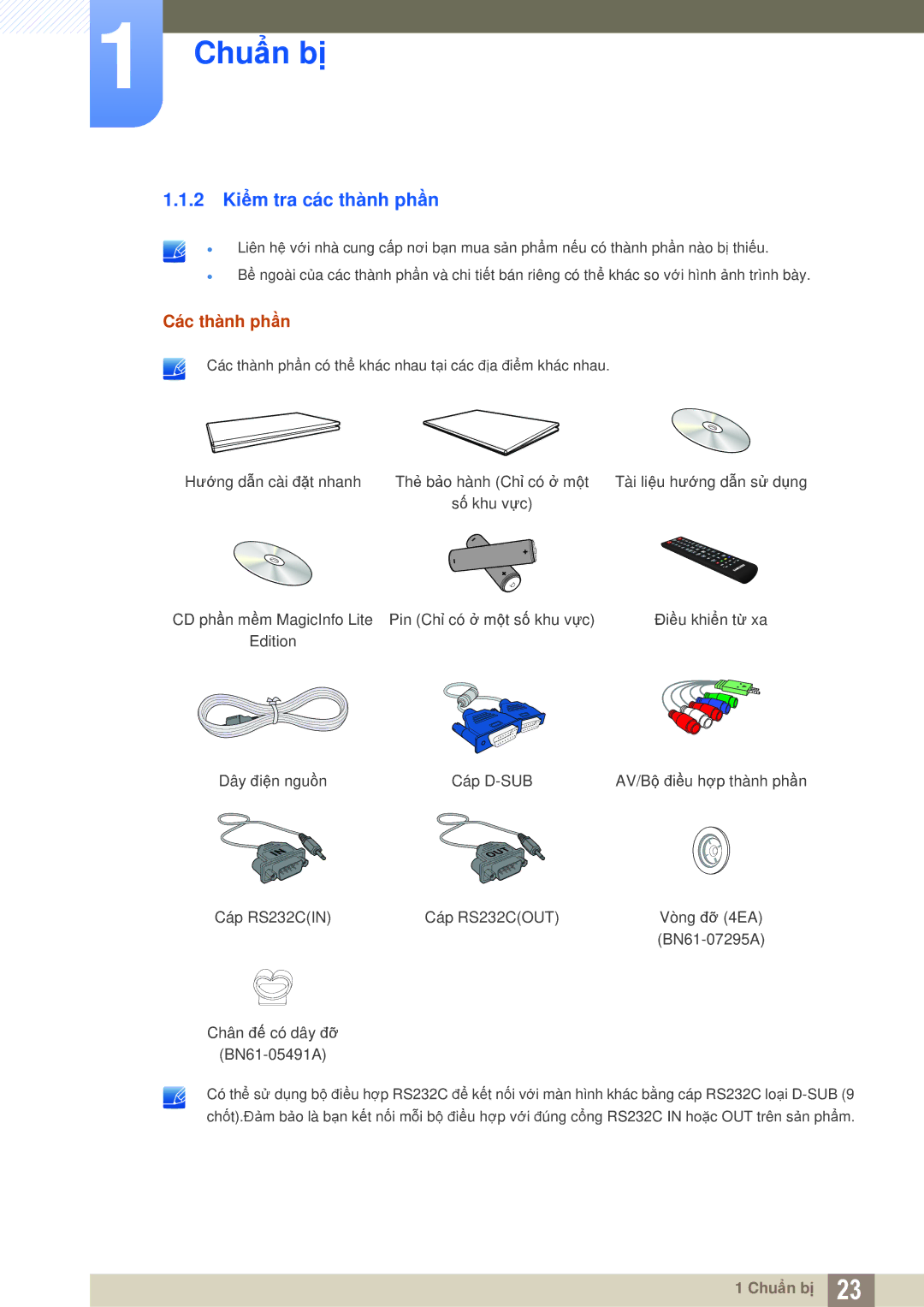 Samsung LH55MEBPLGC/XY, LH40MEBPLGC/XY, LH46MEBPLGC/XY, LH55MEBPLGC/XS manual 2 Kiểm tra các thành phần, Các thành phần 