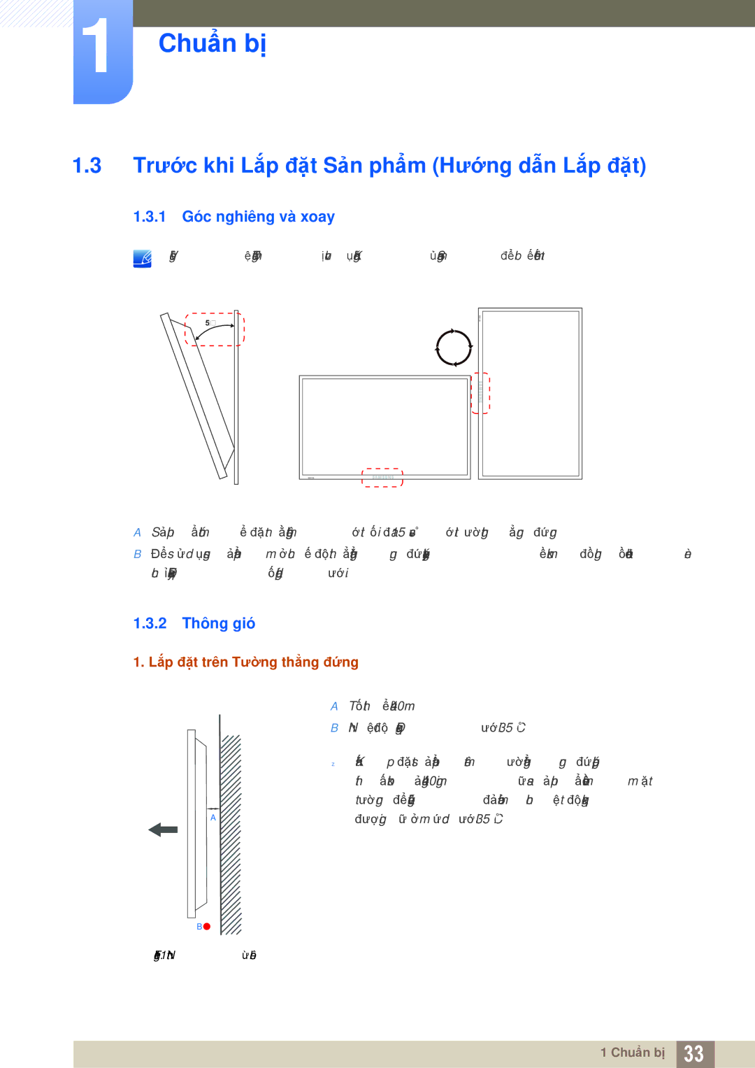 Samsung LH32MEBPLGC/XY, LH40MEBPLGC/XY Trước khi Lắp đặt Sản phẩm Hướng dẫn Lắp đặt, 1 Góc nghiêng và xoay, 2 Thông gió 