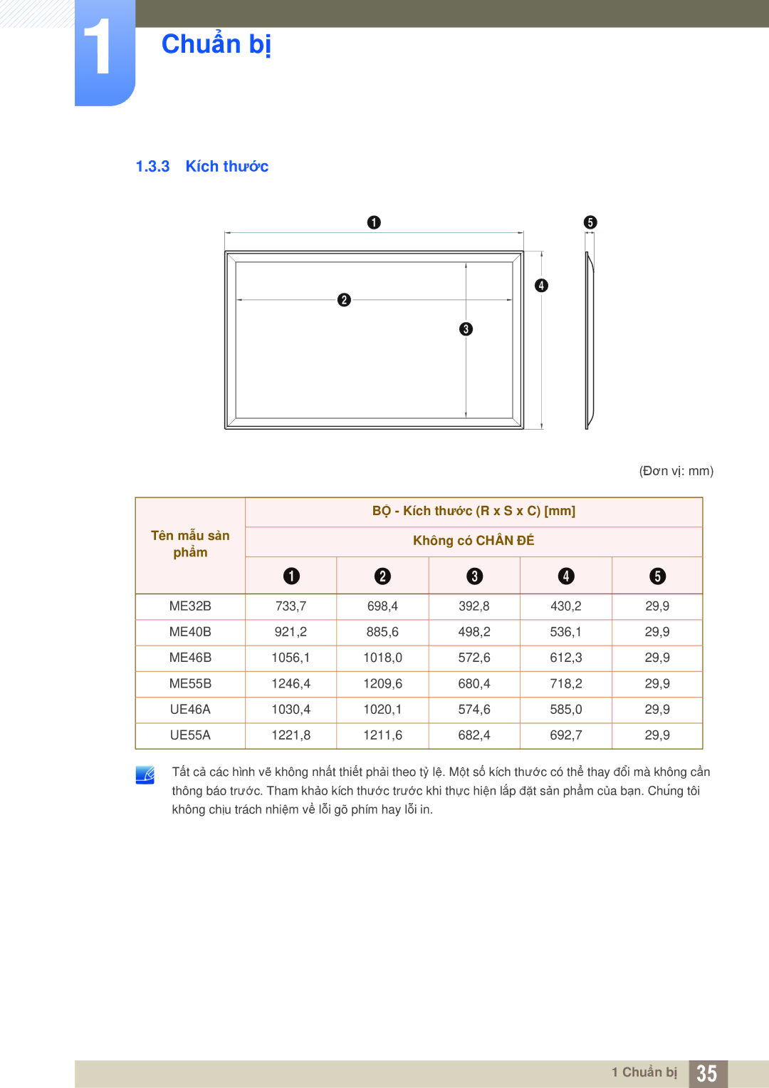 Samsung LH40MEBPLGC/XY, LH46MEBPLGC/XY, LH55MEBPLGC/XY manual 3 Kích thước, BỘ Kích thước R x S x C mm, Không có Chân ĐẾ 