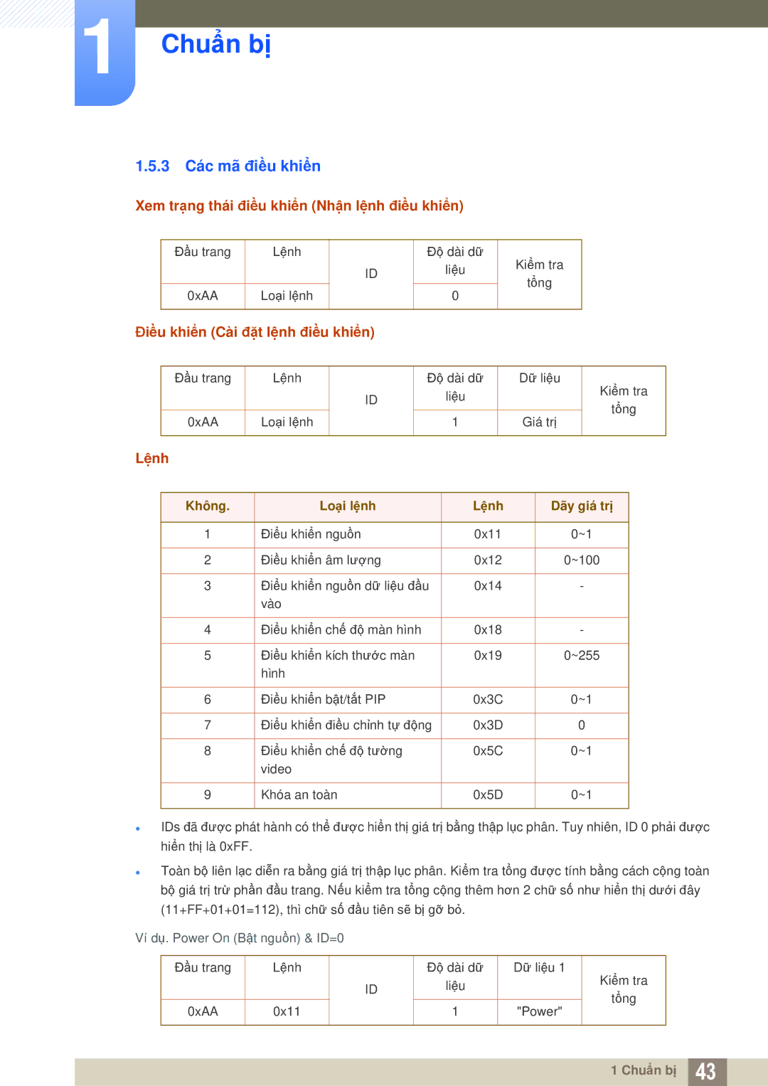 Samsung LH46MEBPLGC/XY, LH40MEBPLGC/XY manual 3 Các mã điều khiển, Xem trạng thái điều khiển Nhận lệnh điều khiển, Lệnh 