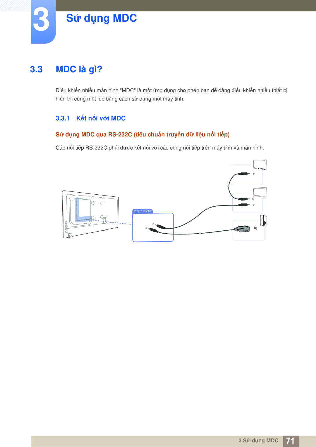 Samsung LH46MEBPLGC/XY manual MDC là gì?, 1 Kết nối với MDC, Sử dụng MDC qua RS-232C tiêu chuẩn truyền dữ liệu nối tiếp 