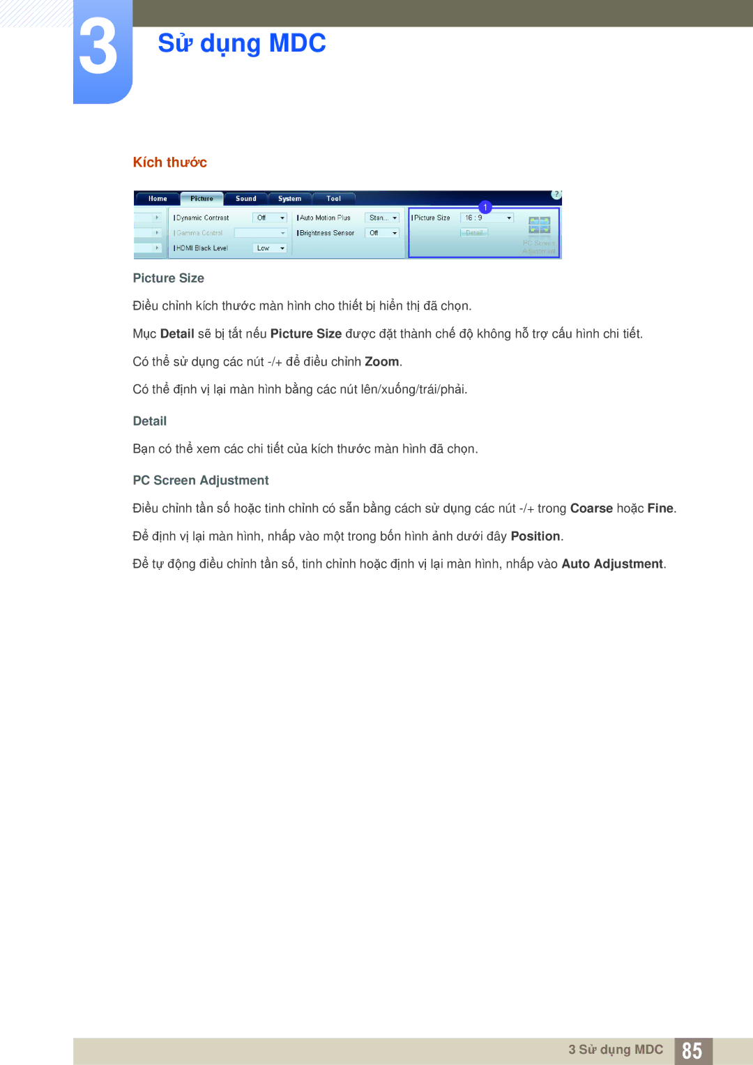 Samsung LH46MEBPLGC/XY, LH40MEBPLGC/XY, LH55MEBPLGC/XY manual Kích thước, Picture Size, Detail, PC Screen Adjustment 
