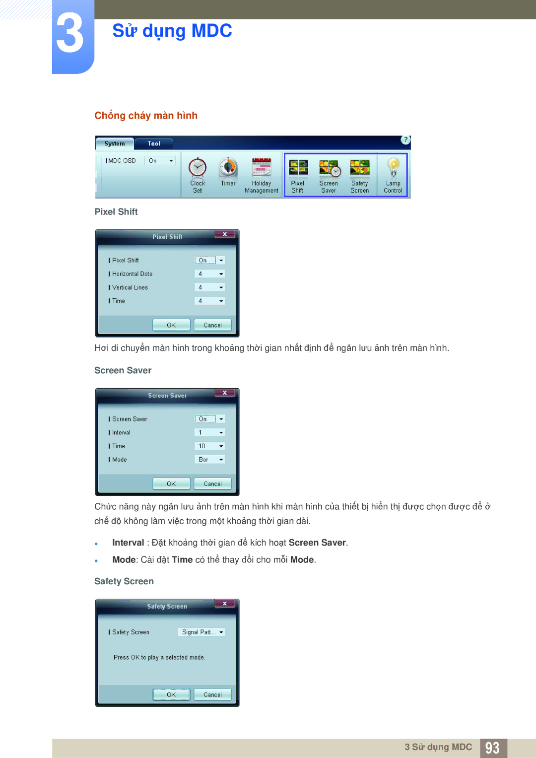 Samsung LH55MEBPLGC/XY, LH40MEBPLGC/XY, LH46MEBPLGC/XY manual Chống cháy màn hình, Pixel Shift, Screen Saver, Safety Screen 