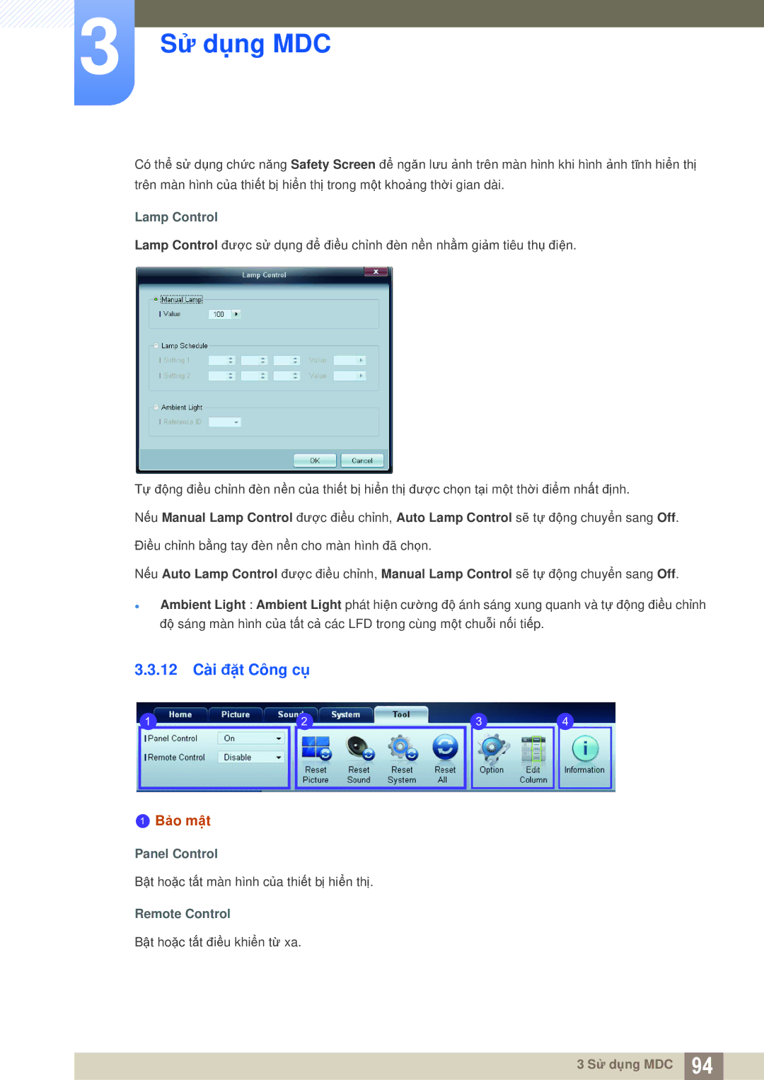 Samsung LH55MEBPLGC/XS, LH40MEBPLGC/XY, LH46MEBPLGC/XY manual 12 Cài đặt Công cụ, Lamp Control, Panel Control, Remote Control 